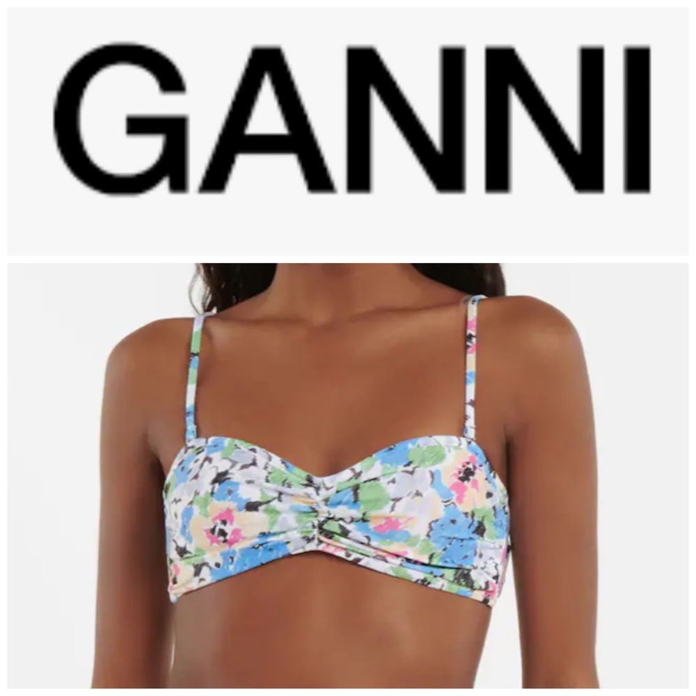 NEW GANNI Recycled Printed Bikini Top In Floral Azure Blue Blau